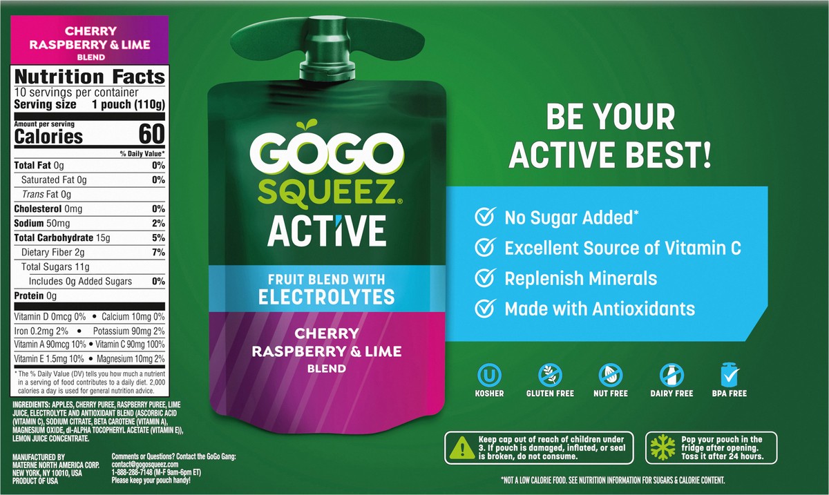 slide 3 of 12, GoGo squeeZ Cherry Raspberry & Lime Fruit Blend with Electrolytes 10 - 3.9 oz Pouches, 10 ct