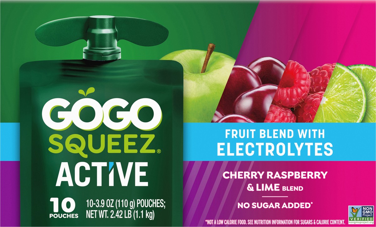 slide 8 of 12, GoGo squeeZ Cherry Raspberry & Lime Fruit Blend with Electrolytes 10 - 3.9 oz Pouches, 10 ct