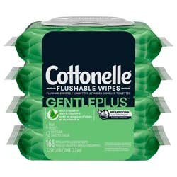 Cottonelle GentlePlus Flushable Wet Wipes with Aloe & Vitamin E, Adult Wet Wipes, 4 Flip-Top Packs, 42 Wipes per Pack (168 Total Flushable Wipes)
