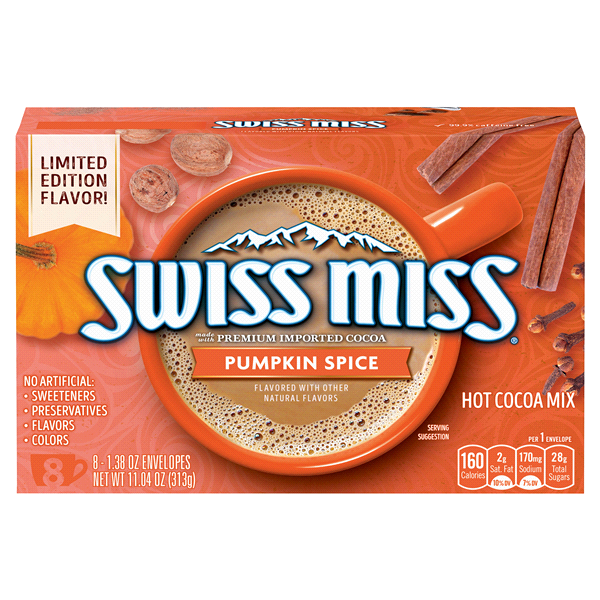 slide 1 of 1, Swiss Miss Pumpkin Spice Flavored Hot Cocoa Mix Packets, 1.3 oz