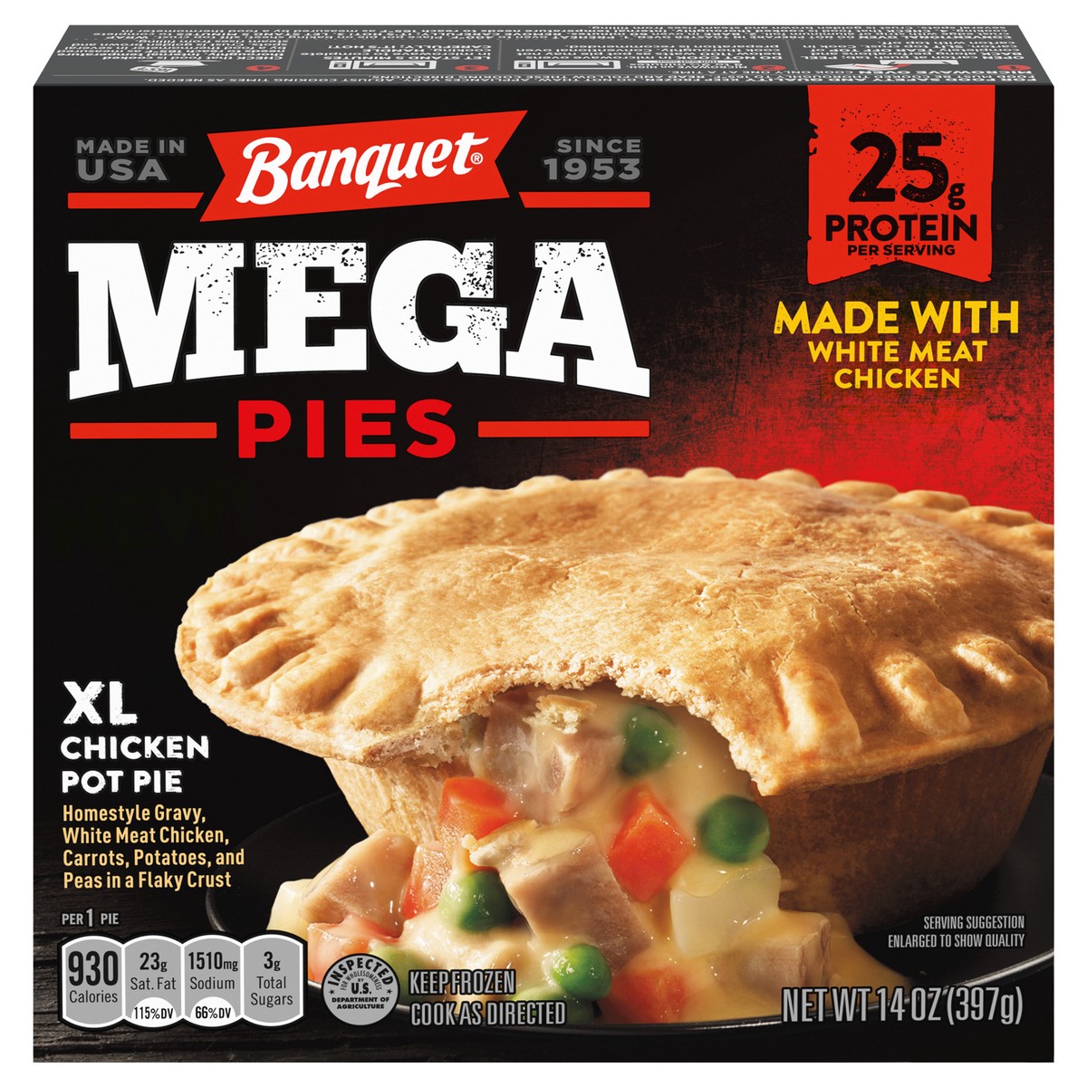 slide 1 of 1, Banquet Mega Frozen Meal, XL Chicken Pot Pie, 14 Ounce, 14 oz