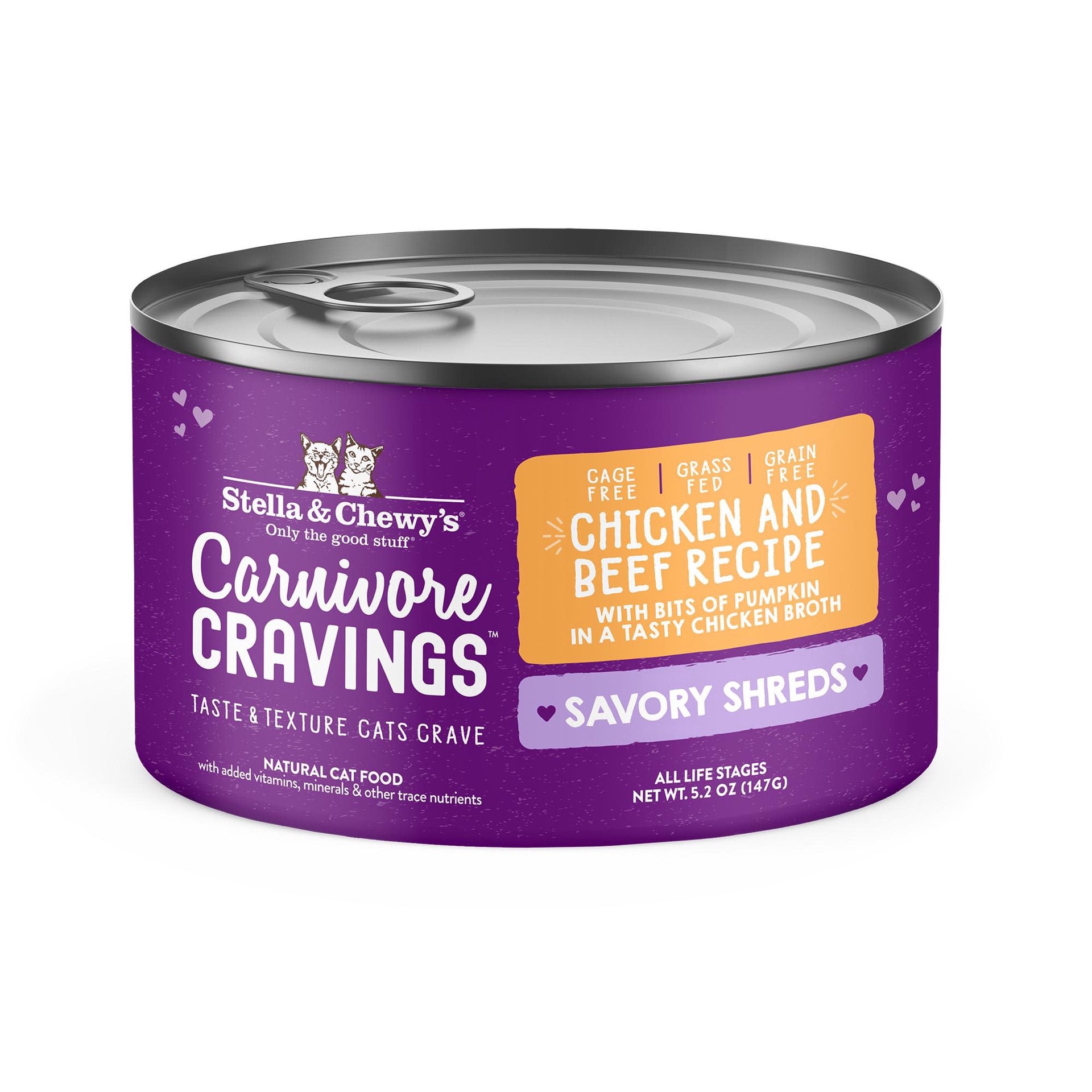 slide 1 of 1, Stella & Chewy's Carnivore Cravings Savory Shreds Cage-Free Chicken & Grass-Fed Beef Recipe Wet Cat Food, 5.2 oz., 5.2 oz