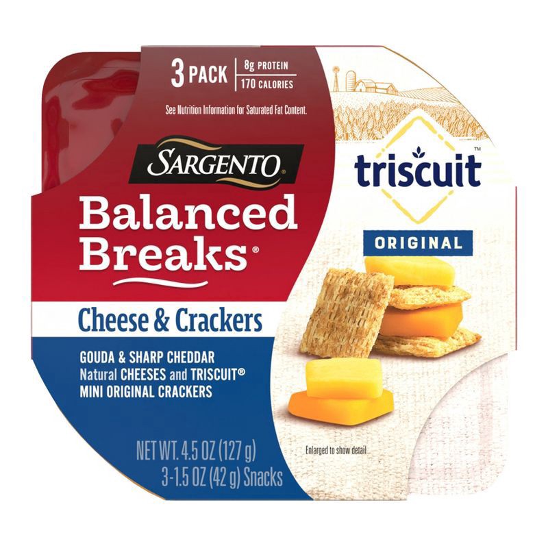 slide 1 of 7, Sargento Balanced Breaks Cheese & Crackers, Gouda & Sharp Cheddar Natural Cheeses and TRISCUIT Mini Original Crackers Snack Kit, 1.5 oz., 3-Pack, 4.5 oz