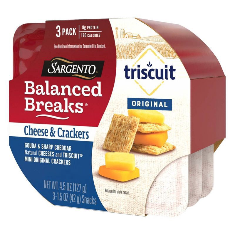 slide 7 of 7, Sargento Balanced Breaks Cheese & Crackers, Gouda & Sharp Cheddar Natural Cheeses and TRISCUIT Mini Original Crackers Snack Kit, 1.5 oz., 3-Pack, 4.5 oz