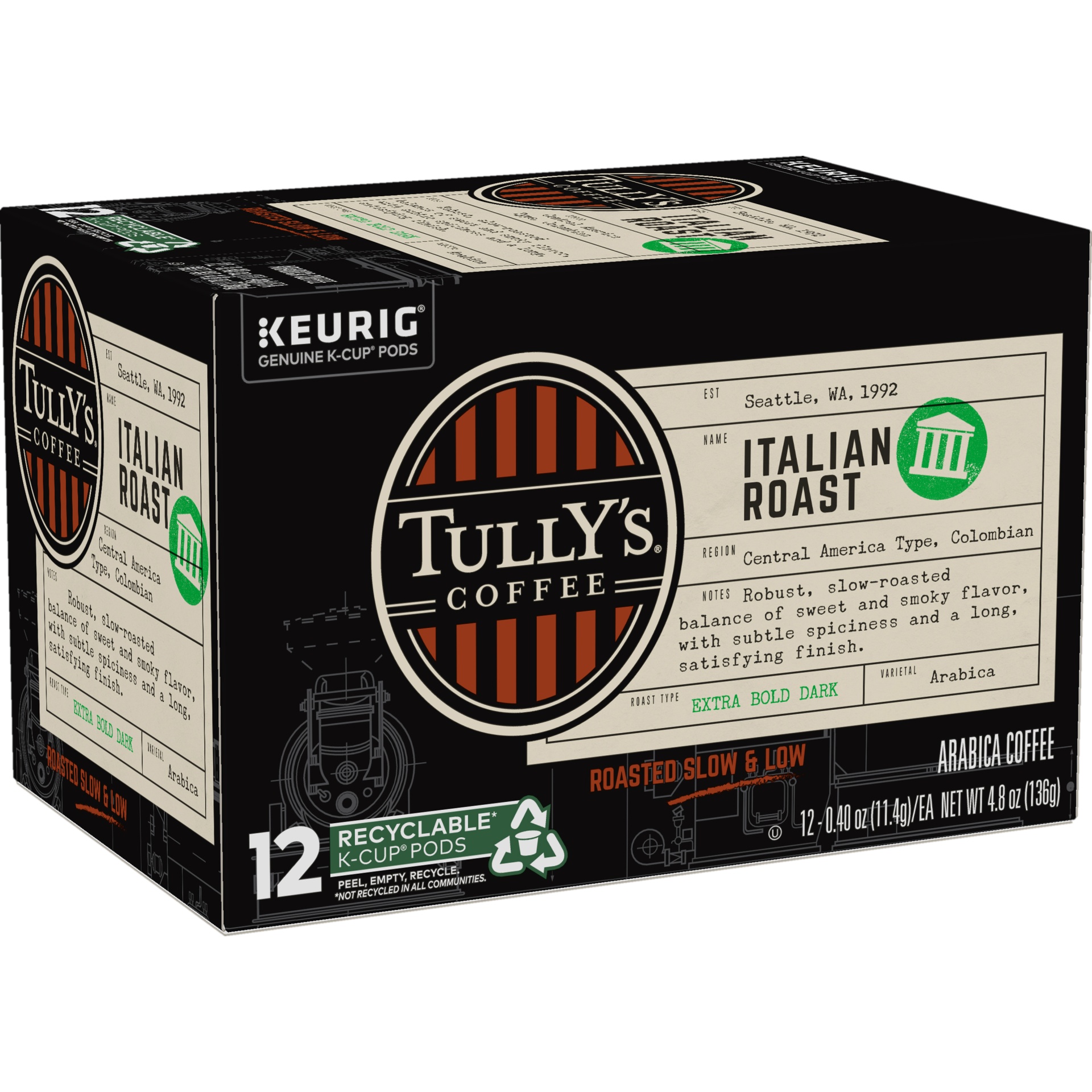 slide 2 of 4, Tully's Coffee Italian Roast, Keurig Single-Serve K-Cup Pods, Dark Roast Coffee, 12 Count, 12 ct