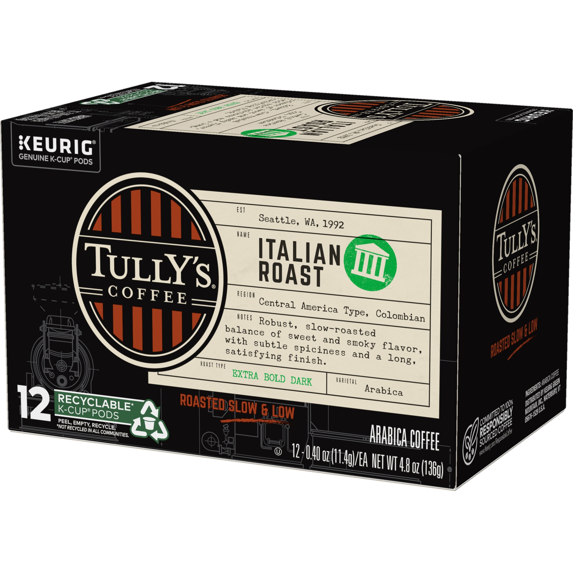 slide 3 of 4, Tully's Coffee Italian Roast, Keurig Single-Serve K-Cup Pods, Dark Roast Coffee, 12 Count, 12 ct