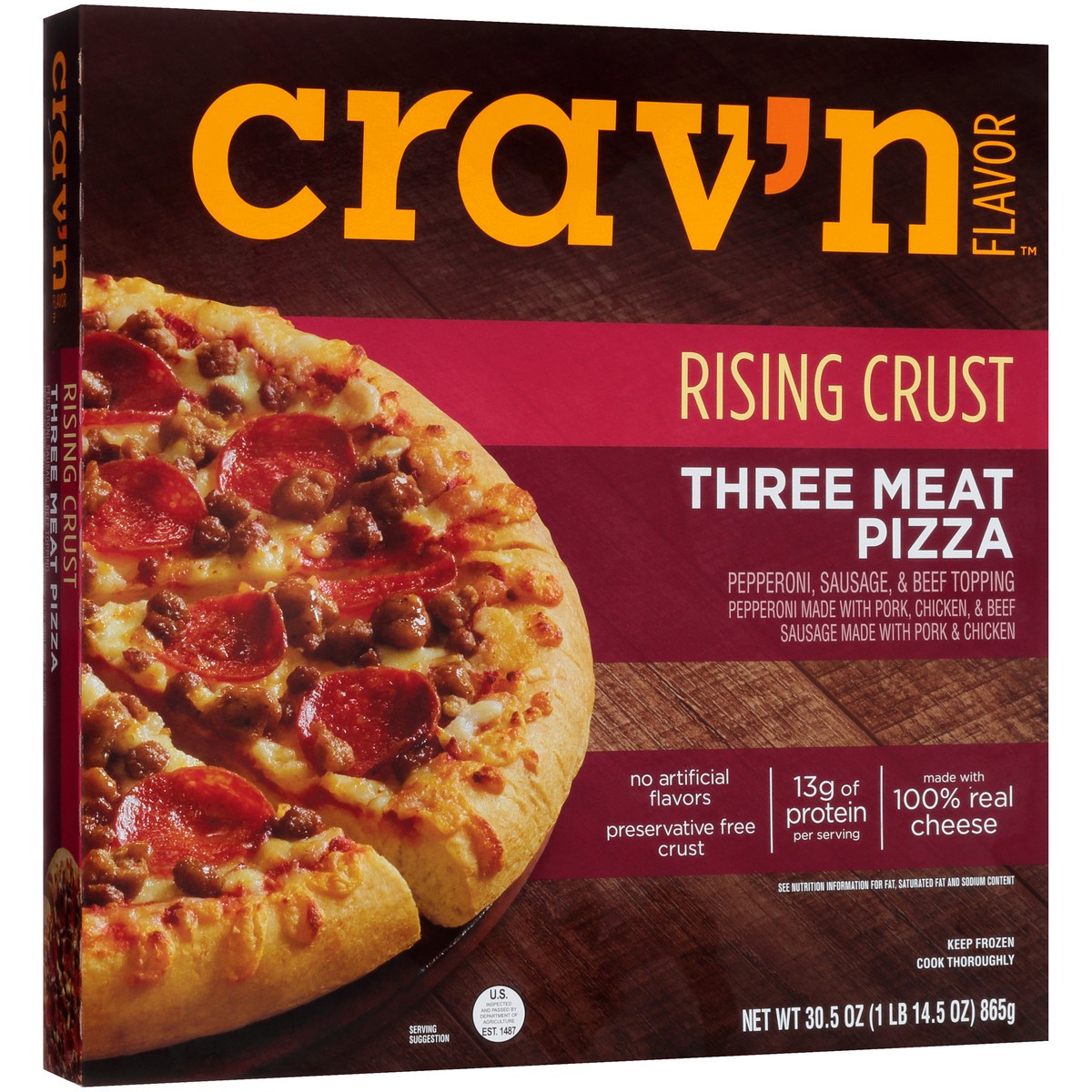 slide 9 of 10, Crav'n Flavor Three Meat Rising Crust Pizza, 30.5 oz