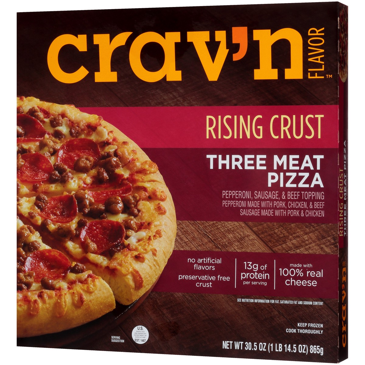 slide 10 of 10, Crav'n Flavor Three Meat Rising Crust Pizza, 30.5 oz