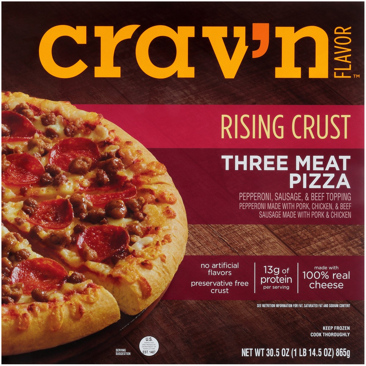 slide 1 of 10, Crav'n Flavor Three Meat Rising Crust Pizza, 30.5 oz