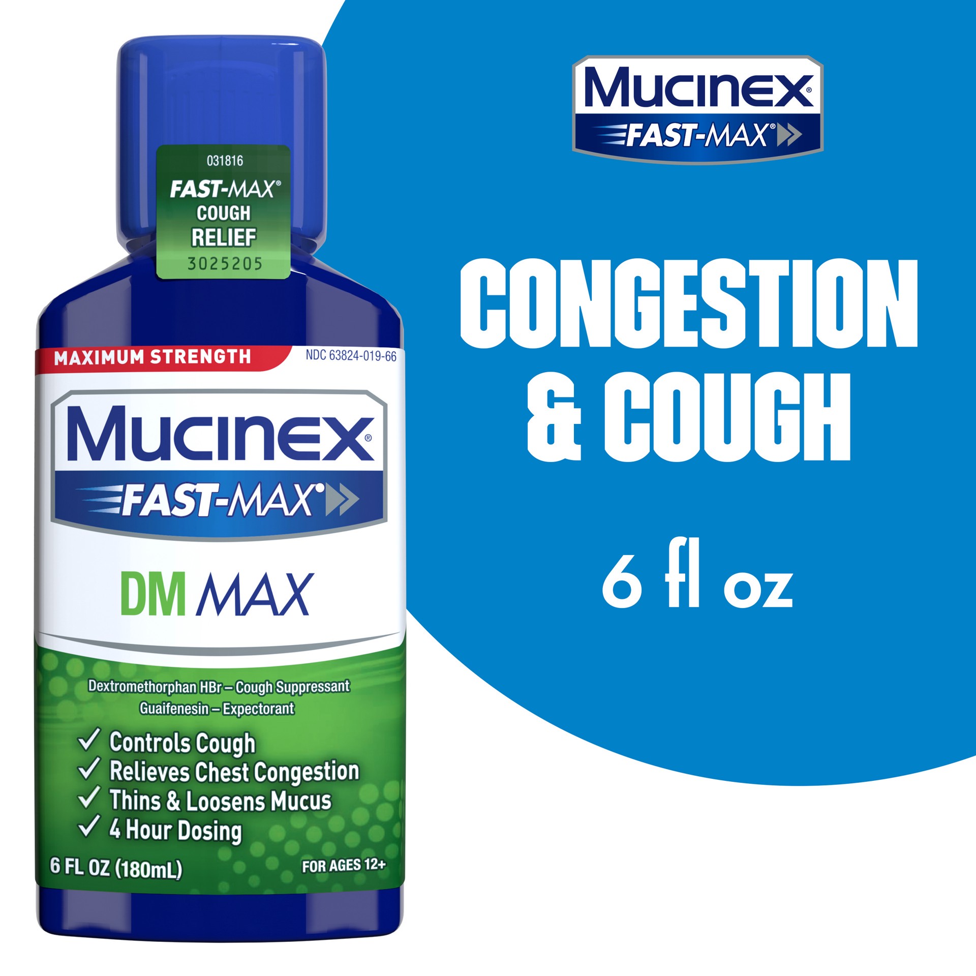 slide 1 of 1, Mucinex Maximum Strength Mucinex Fast-Max DM Max Liquid, 6 fl. oz. Controls Cough, Relieves Chest Congestion, Thins & Loosens Mucus, 6 fl oz