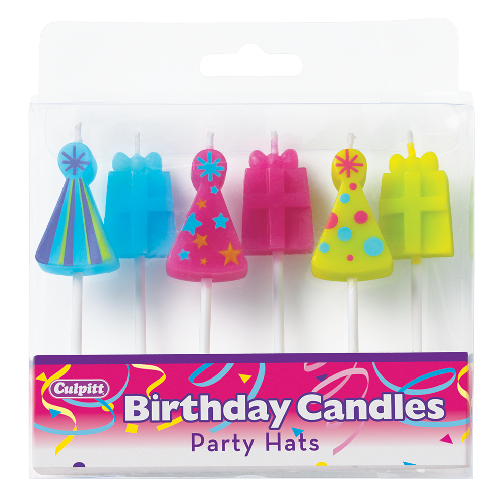 slide 1 of 1, Culpitt Party Hat & Present Shapes Cake Candles, 6 ct