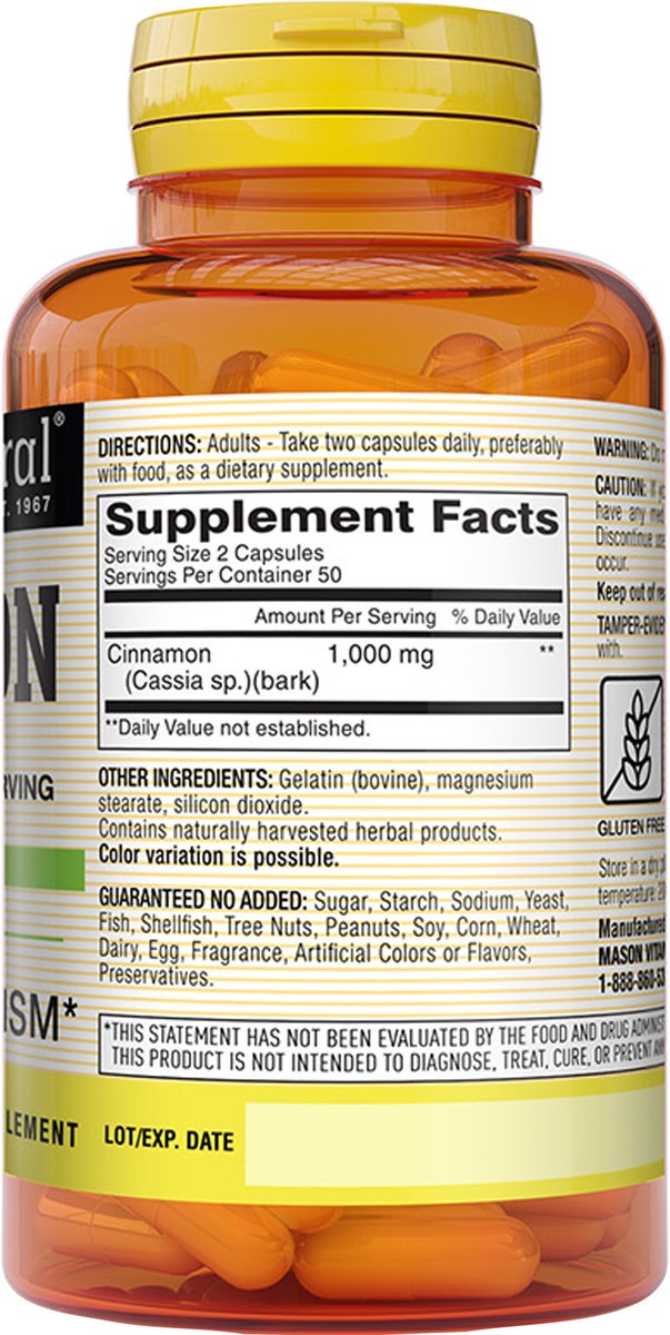 slide 7 of 9, Mason Natural Cinnamon 1000 mg - Healthy Blood Sugar Metabolism, Supports Heart and Circulatory Health, 100 Capsules, 100 ct