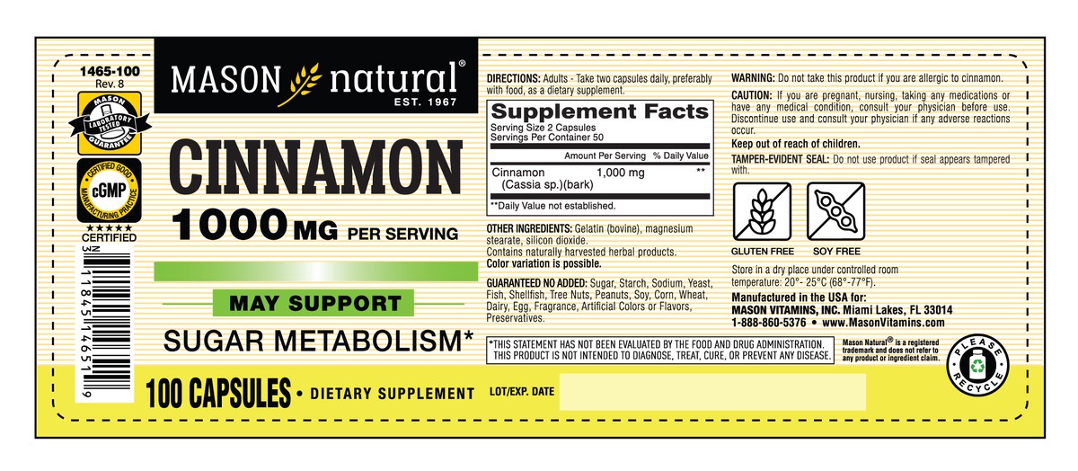 slide 3 of 9, Mason Natural Cinnamon 1000 mg - Healthy Blood Sugar Metabolism, Supports Heart and Circulatory Health, 100 Capsules, 100 ct