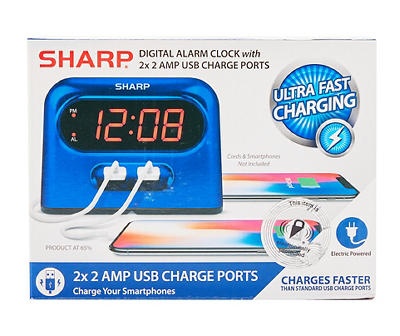 slide 1 of 1, Sharp Metallic Blue Digital Alarm Clock with USB Ports, 1 ct