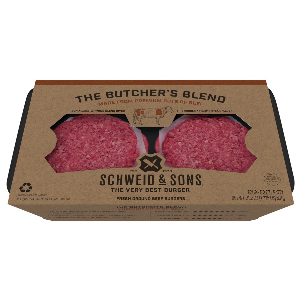 slide 1 of 11, Schweid & Sons Butcher's Blend Fresh Ground Beef Burgers 4 ea, 4 ct