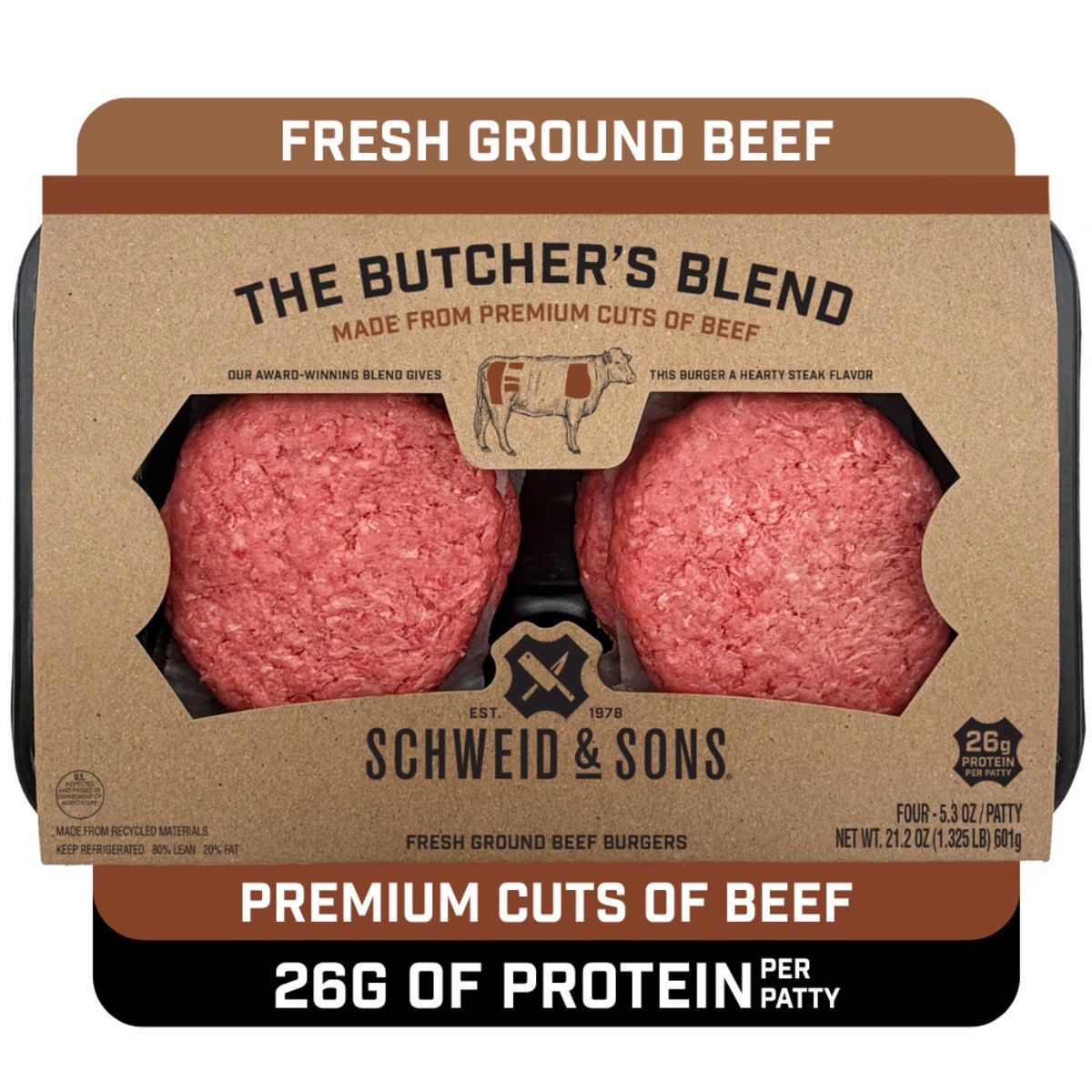 slide 1 of 9, Schweid & Sons Butcher's Blend Fresh Ground Beef Burgers, 4 ct; 5.3 oz