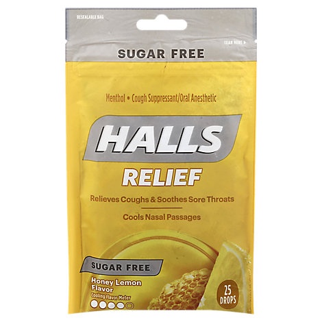 slide 1 of 1, Halls Cough Suppressant Drops Triple Soothing Action Sugar Free Honey Lemon, 25 ct