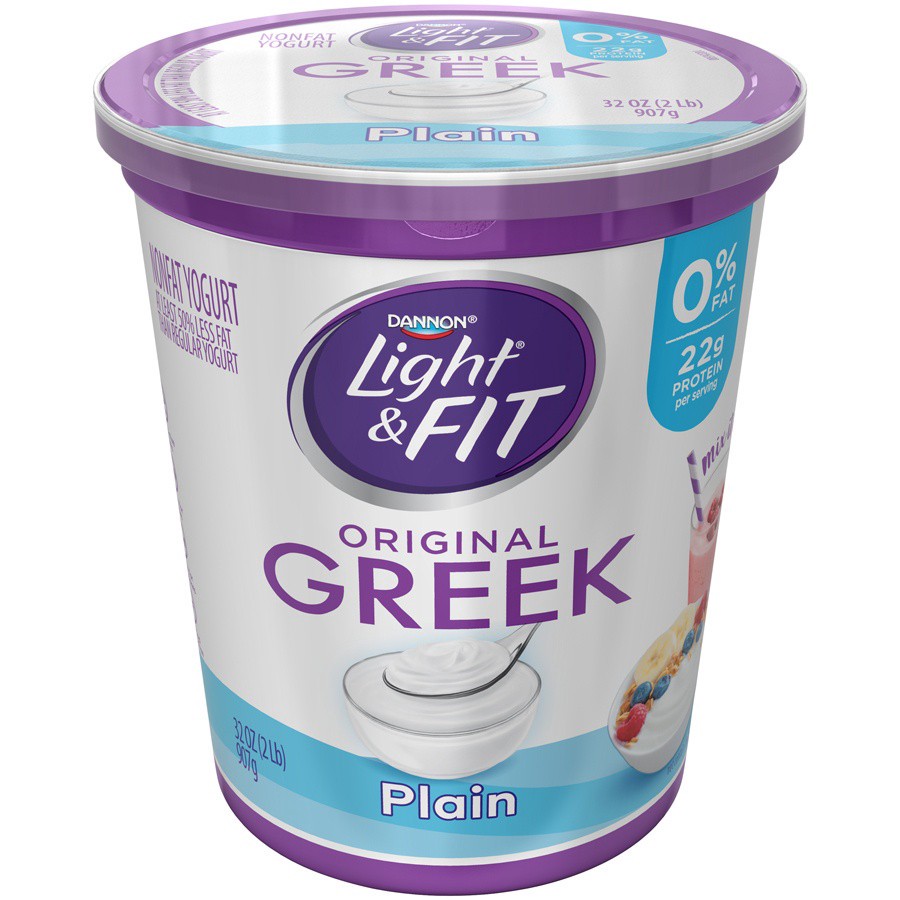 slide 3 of 6, Light + Fit Dannon Light + Fit Plain Greek Nonfat Yogurt, Creamy and Delicious Gluten Free Yogurt, 32 OZ Yogurt Tub, 32 oz