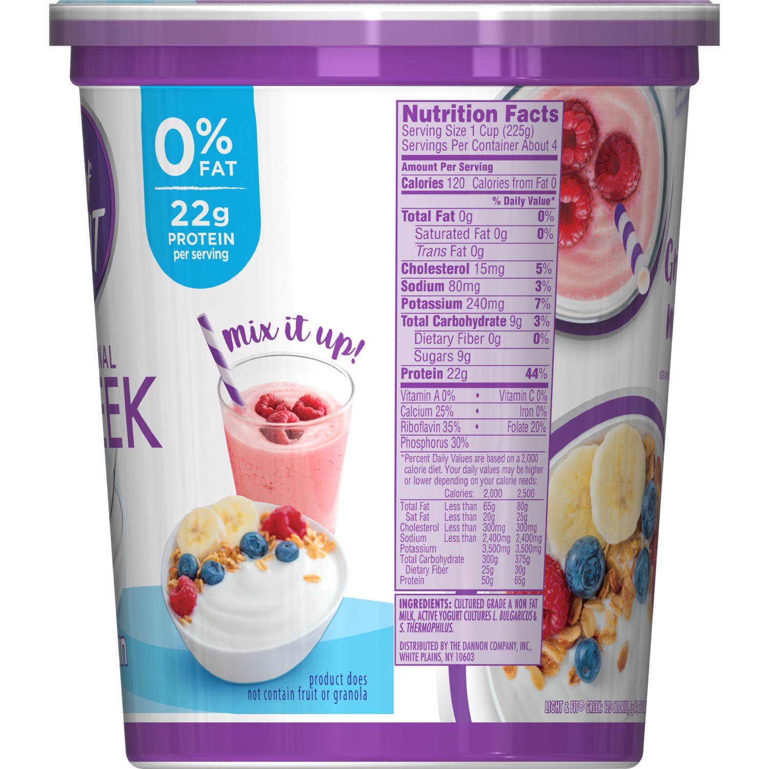 slide 6 of 6, Light + Fit Dannon Light + Fit Plain Greek Nonfat Yogurt, Creamy and Delicious Gluten Free Yogurt, 32 OZ Yogurt Tub, 32 oz