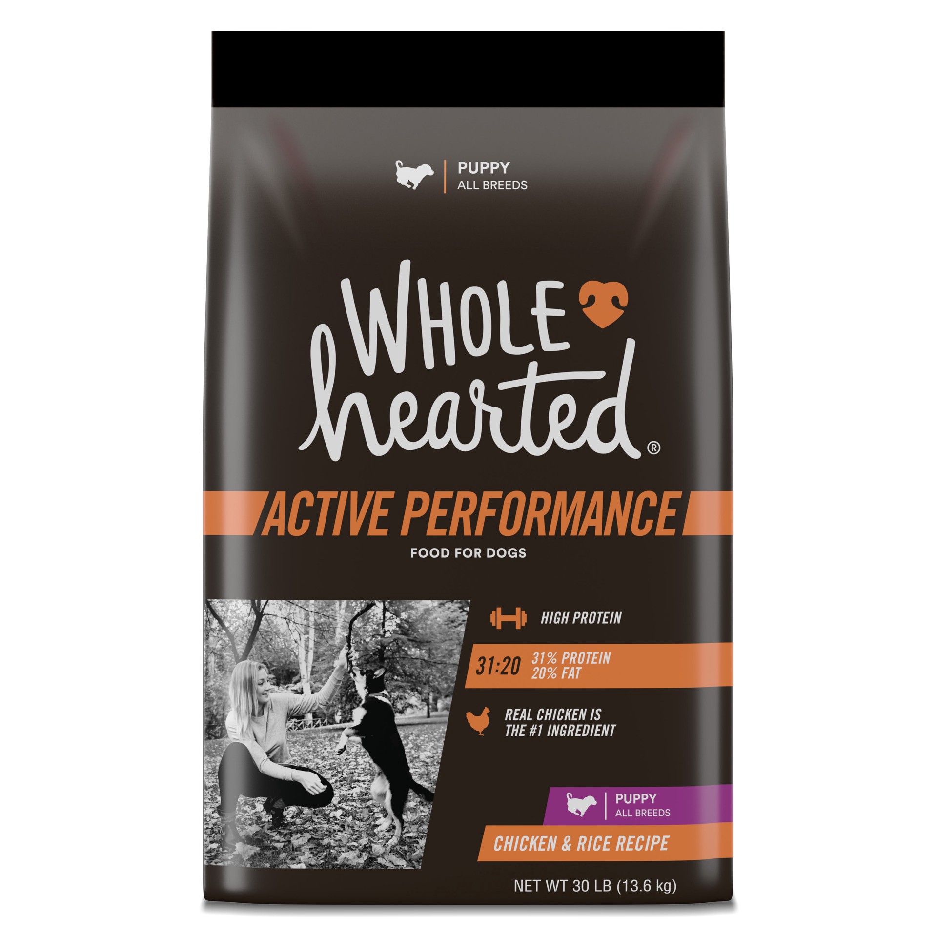 slide 1 of 1, WholeHearted Active Performance High-Protein Chicken & Rice Recipe Dry Puppy Food, 30 lbs., 1 ct