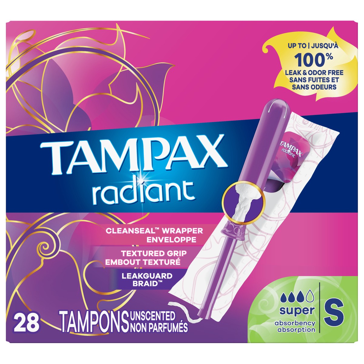 slide 1 of 4, Tampax Radiant Tampons with LeakGuard Braid, Super Absorbency, Unscented, 28 Count, 28 ct