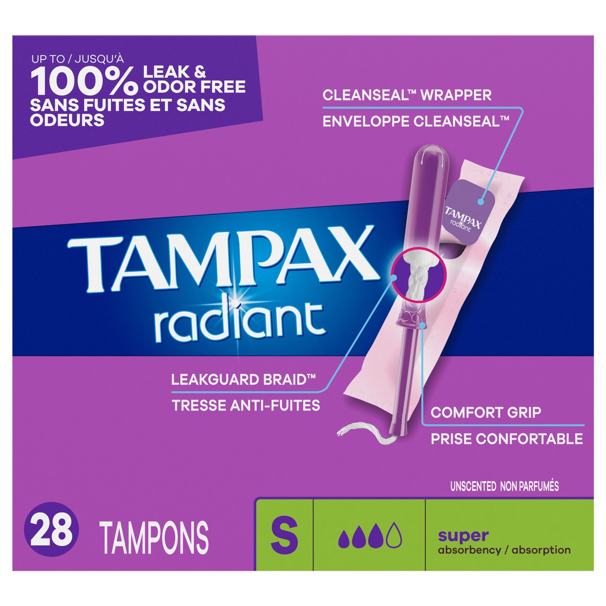 slide 1 of 4, Tampax Radiant Tampons, with LeakGuard Braid, Super Absorbency, Unscented, 28 Count, 28 ct