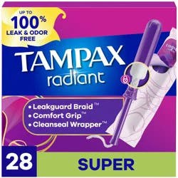 Tampax Radiant Tampons, with LeakGuard Braid, Super Absorbency, Unscented, 28 Count