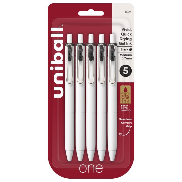 slide 1 of 8, uni-ball One Retractable Gel Pens, Medium Point, White Barrel, Black Ink, Pack Of 5 Pens, 5 ct