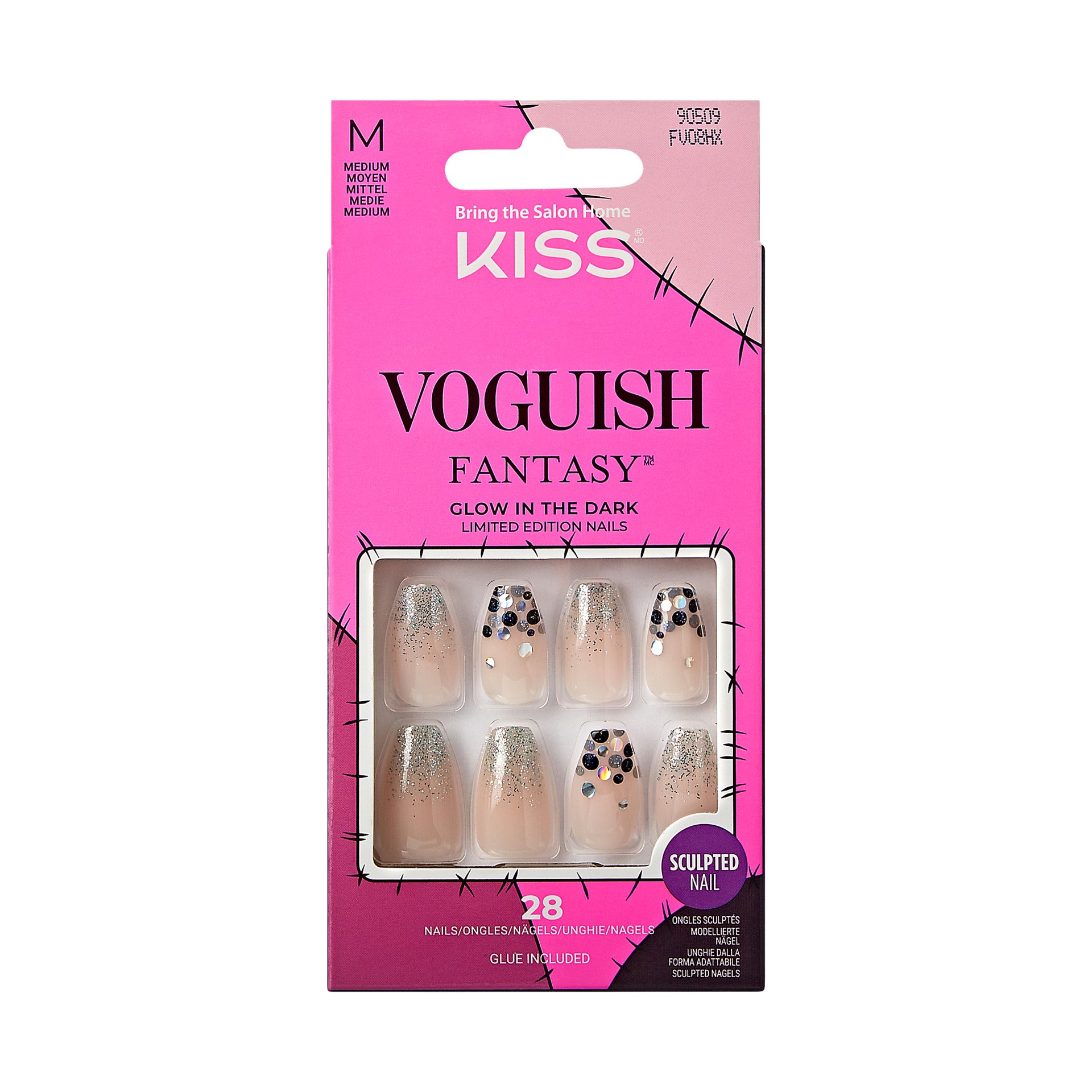 slide 1 of 5, KISS Voguish Fantasy Halloween Press-On Nails, Black & Silver, Medium, Coffin, 31 Ct., 1 ct