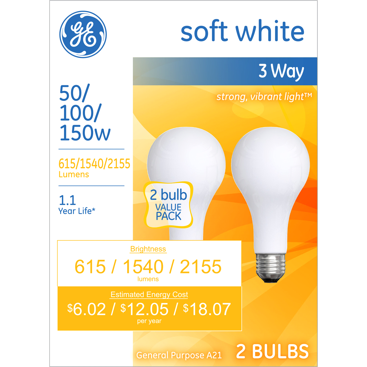 slide 1 of 2, GE 50/100/150W Soft White 3-Way Light Bulbs, 2 ct