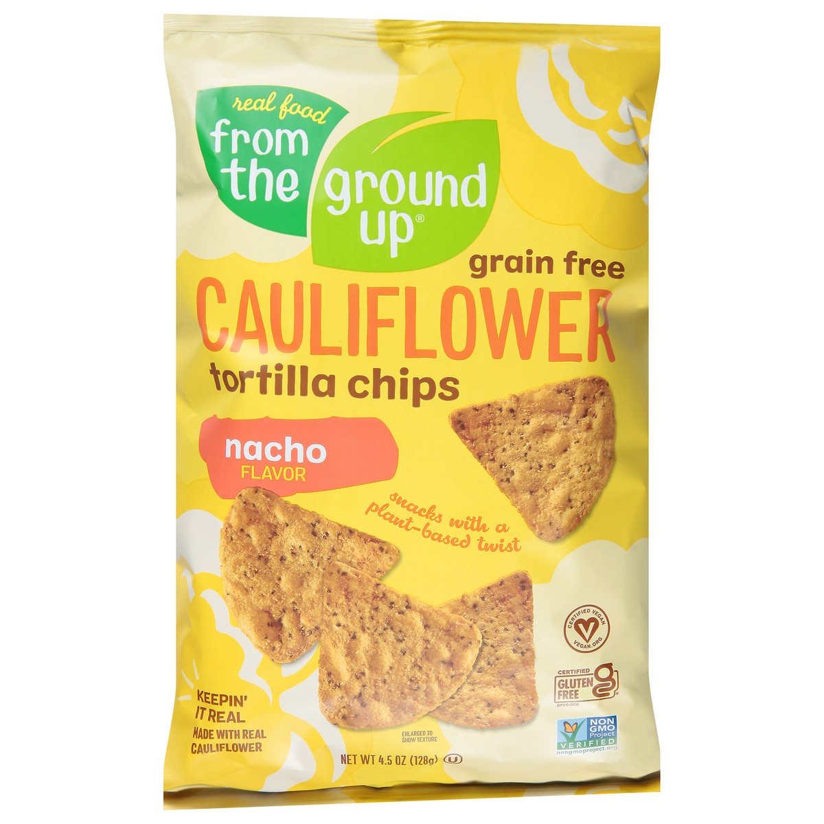 slide 2 of 14, Real Food From the Ground Up Grain Free Cauliflower Nacho Flavor Tortilla Chips 4.5 oz, 4.5 oz