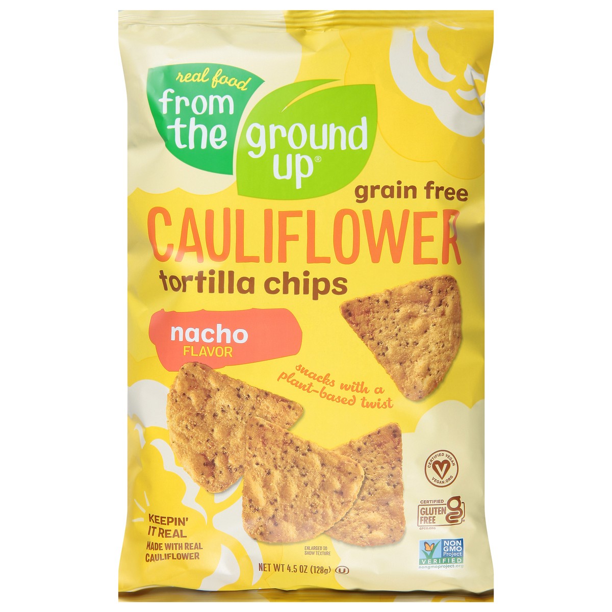 slide 1 of 14, Real Food From the Ground Up Grain Free Cauliflower Nacho Flavor Tortilla Chips 4.5 oz, 4.5 oz