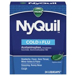 Vicks NyQuil Cold & Flu Relief Over-the-Counter Medicine, Powerful Multi-Symptom Nighttime Relief for Headache, Fever, Sore Throat, Minor Aches and Pains, Sneezing, Runny Nose, and Cough, 24 Liquicaps