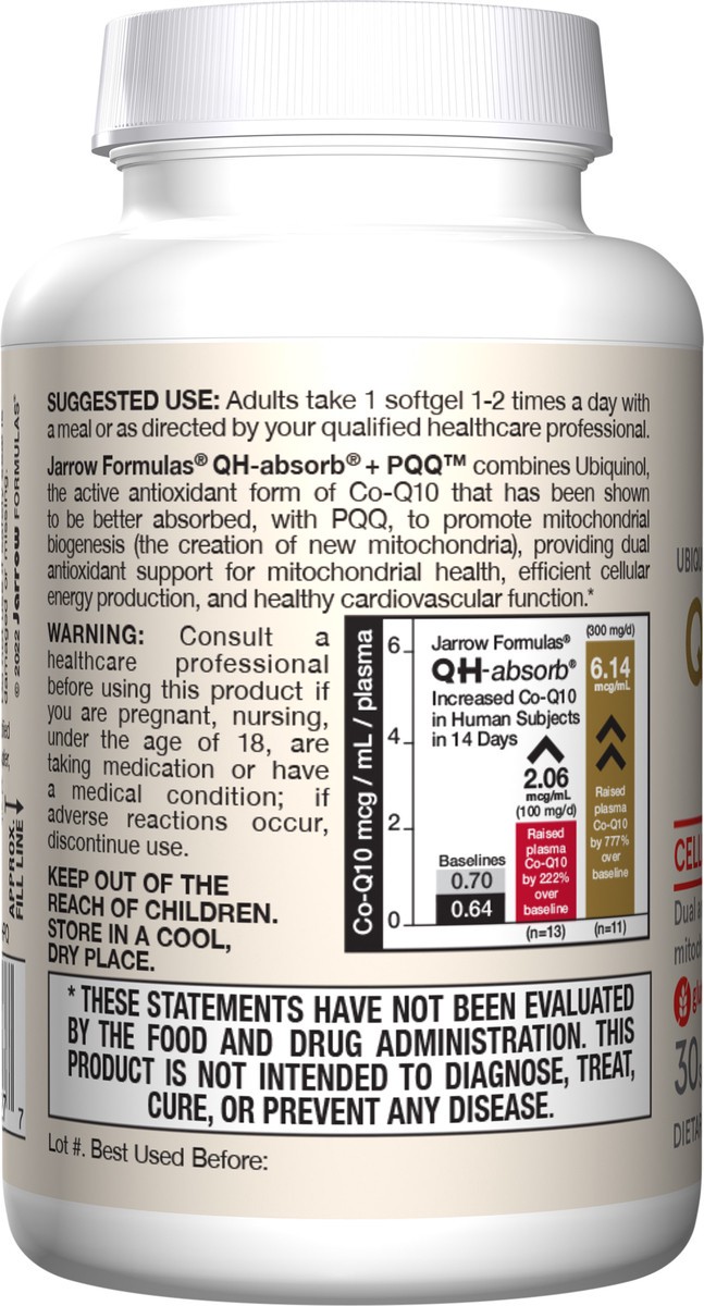 slide 2 of 4, Jarrow Formulas QH-absorb + PQQ - 30 Softgels - Dietary Supplement Supports Mitochondrial Biogenesis, Energy Production & Cardiovascular Health - Up to 30 Servings, 30 ct