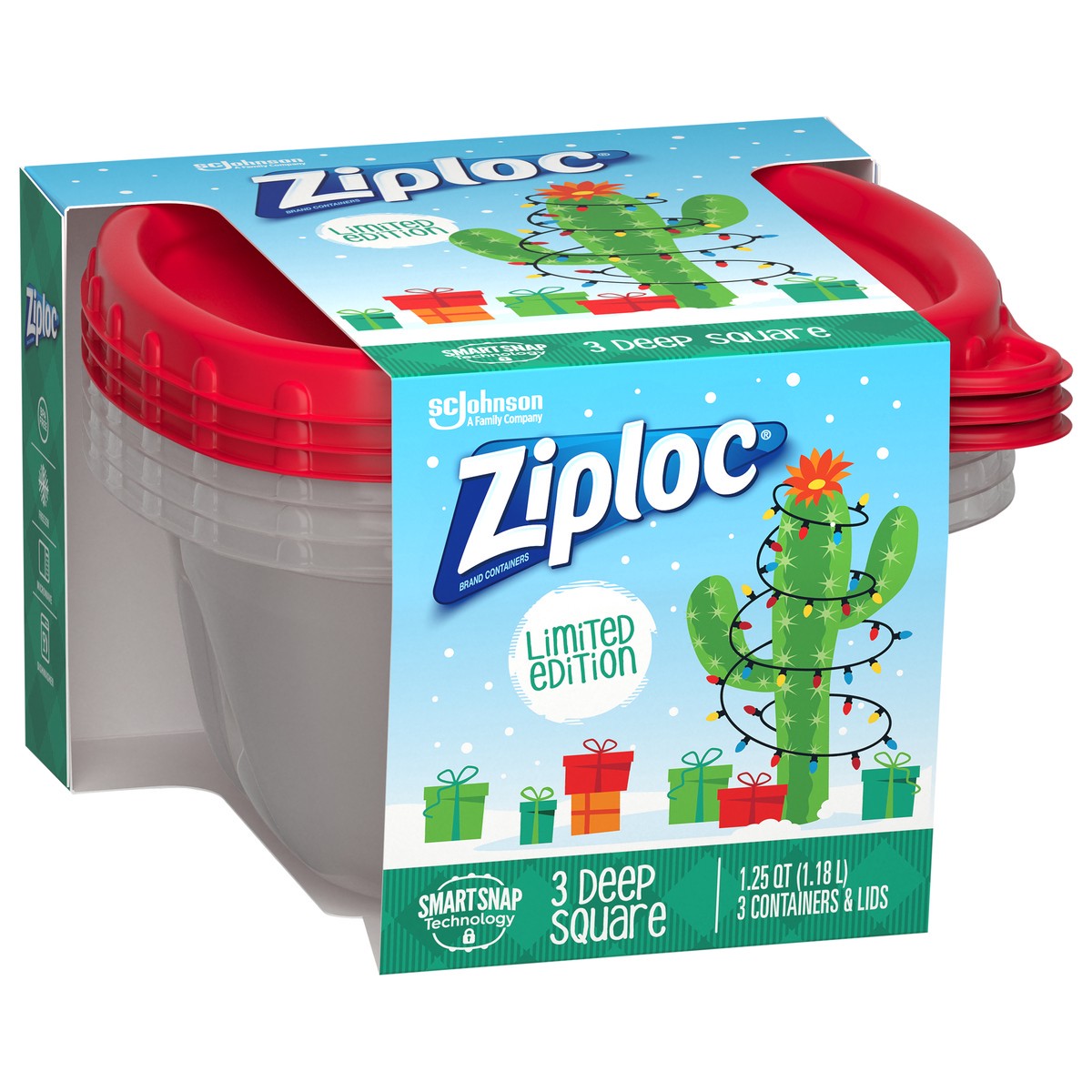 slide 3 of 5, Ziploc Food Storage Container Deep Square, Holiday Red, 3 containers + lids, 3 ct