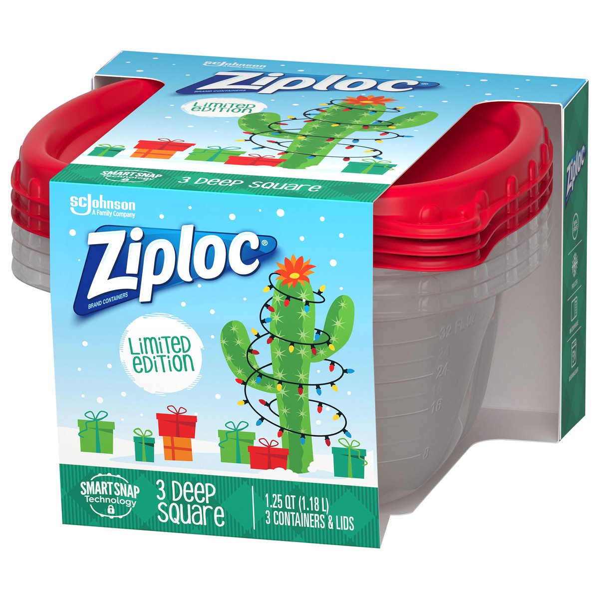 slide 2 of 5, Ziploc Food Storage Container Deep Square, Holiday Red, 3 containers + lids, 3 ct