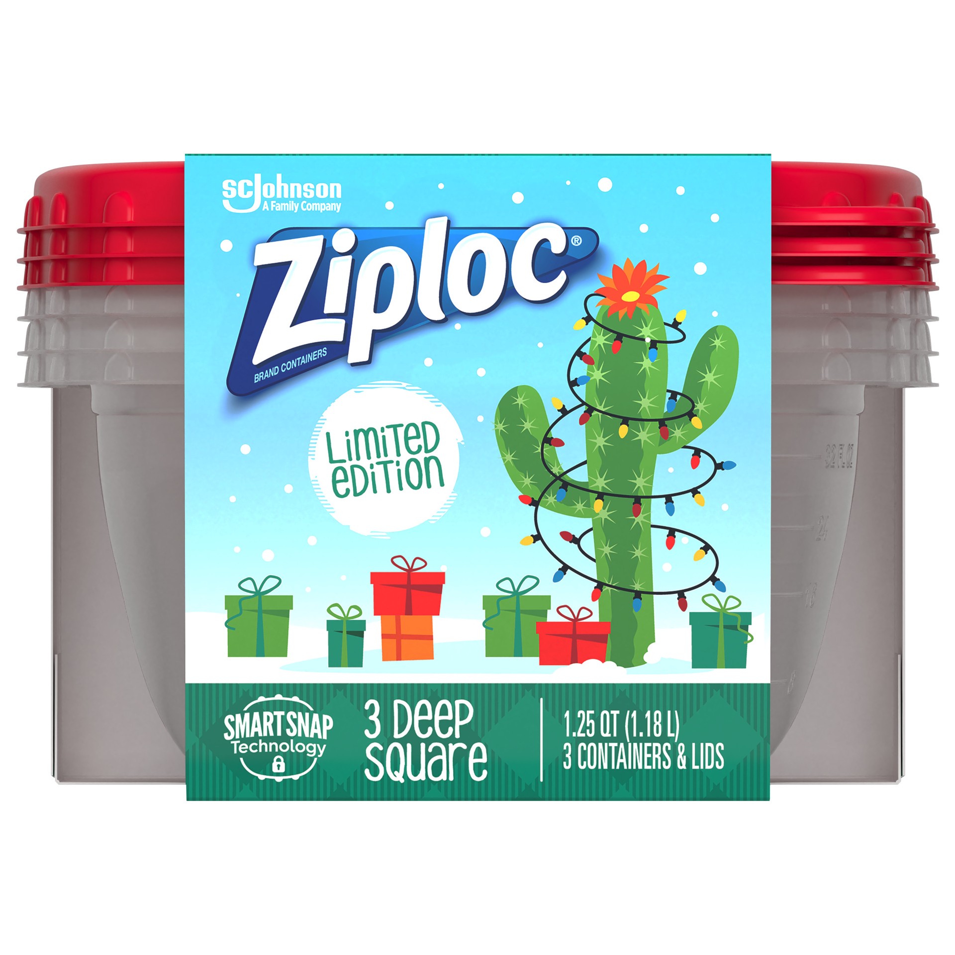 slide 1 of 5, Ziploc Food Storage Container Deep Square, Holiday Red, 3 containers + lids, 3 ct