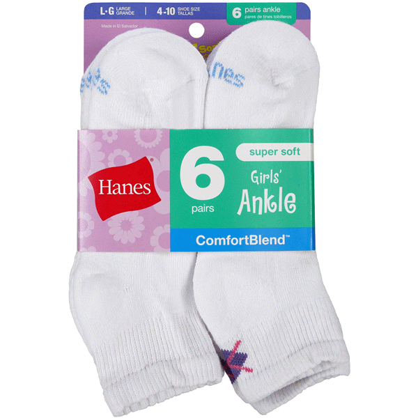 slide 1 of 1, Hanes Girl's Ankle Socks - Large White, 6 ct