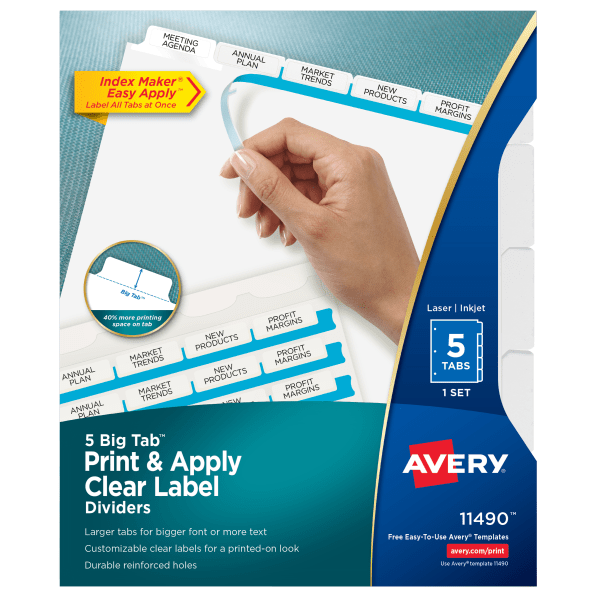 slide 1 of 9, AveryIndex Maker Big Tab Clear Label Dividers, 5-Tab Set, 1 ct