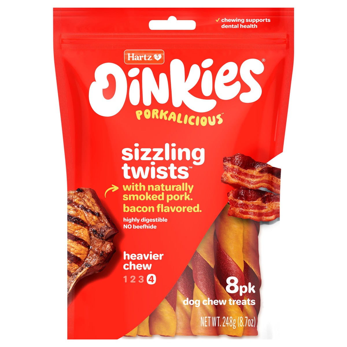 slide 1 of 3, Hartz Oinkies Smoked Pig Skin Treats with Bacon Flavored Wrap - 8 PK, 8 ct