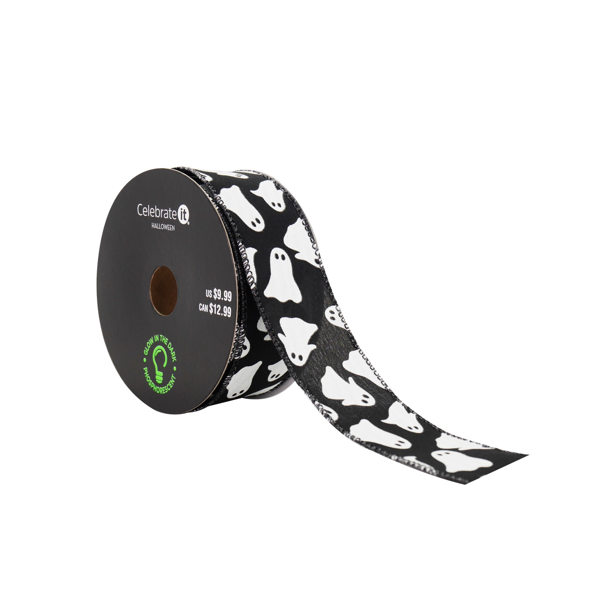 slide 3 of 3, 1.5" X 10yd. Black & White Ghost Wired Taffeta Ribbon By Celebrate It Halloween, 1.5 in x 10 yd