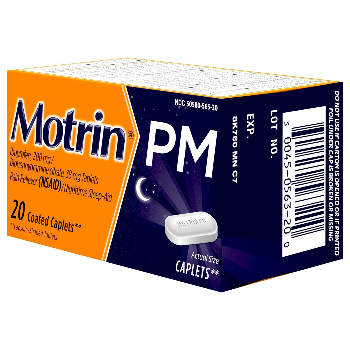 slide 8 of 8, Motrin PM Pain Relief Caplets with 200 mg Ibuprofen & 38 mg Diphenhydramine Sleep Aid, Nighttime Pain Reliever for Minor Aches & Pains Helps You Fall Asleep & Stay Asleep, 20 ct, 20 ct