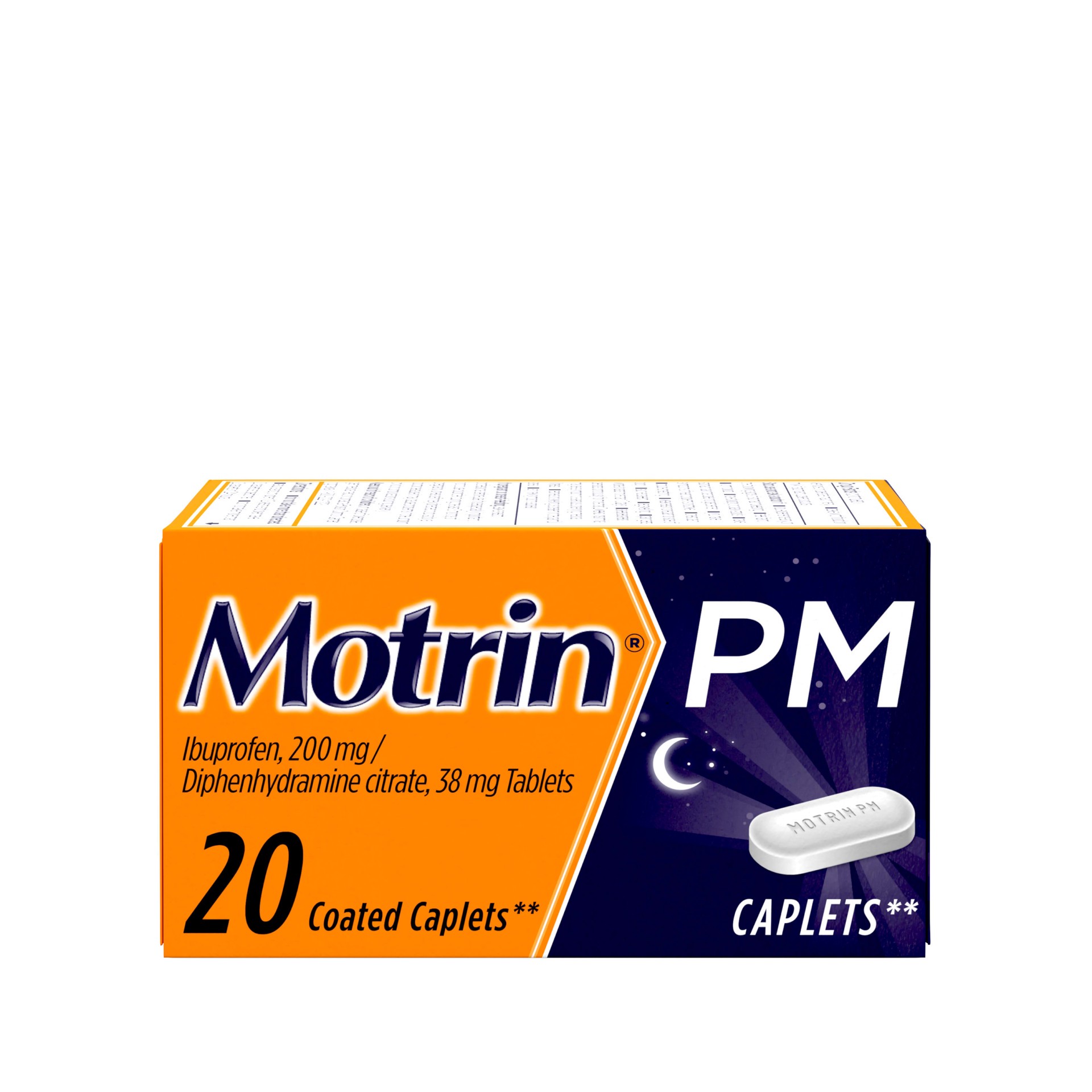 slide 1 of 8, Motrin PM Pain Relief Caplets with 200 mg Ibuprofen & 38 mg Diphenhydramine Sleep Aid, Nighttime Pain Reliever for Minor Aches & Pains Helps You Fall Asleep & Stay Asleep, 20 ct, 20 ct