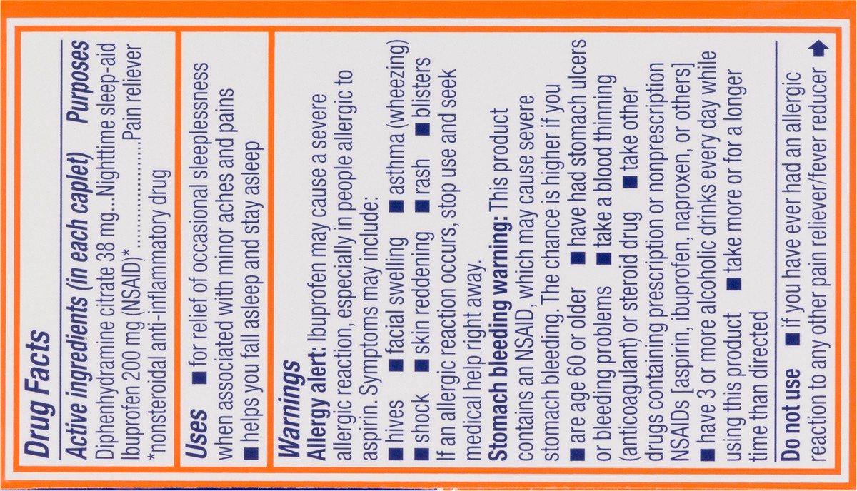 slide 6 of 8, Motrin PM Pain Relief Caplets with 200 mg Ibuprofen & 38 mg Diphenhydramine Sleep Aid, Nighttime Pain Reliever for Minor Aches & Pains Helps You Fall Asleep & Stay Asleep, 20 ct, 20 ct
