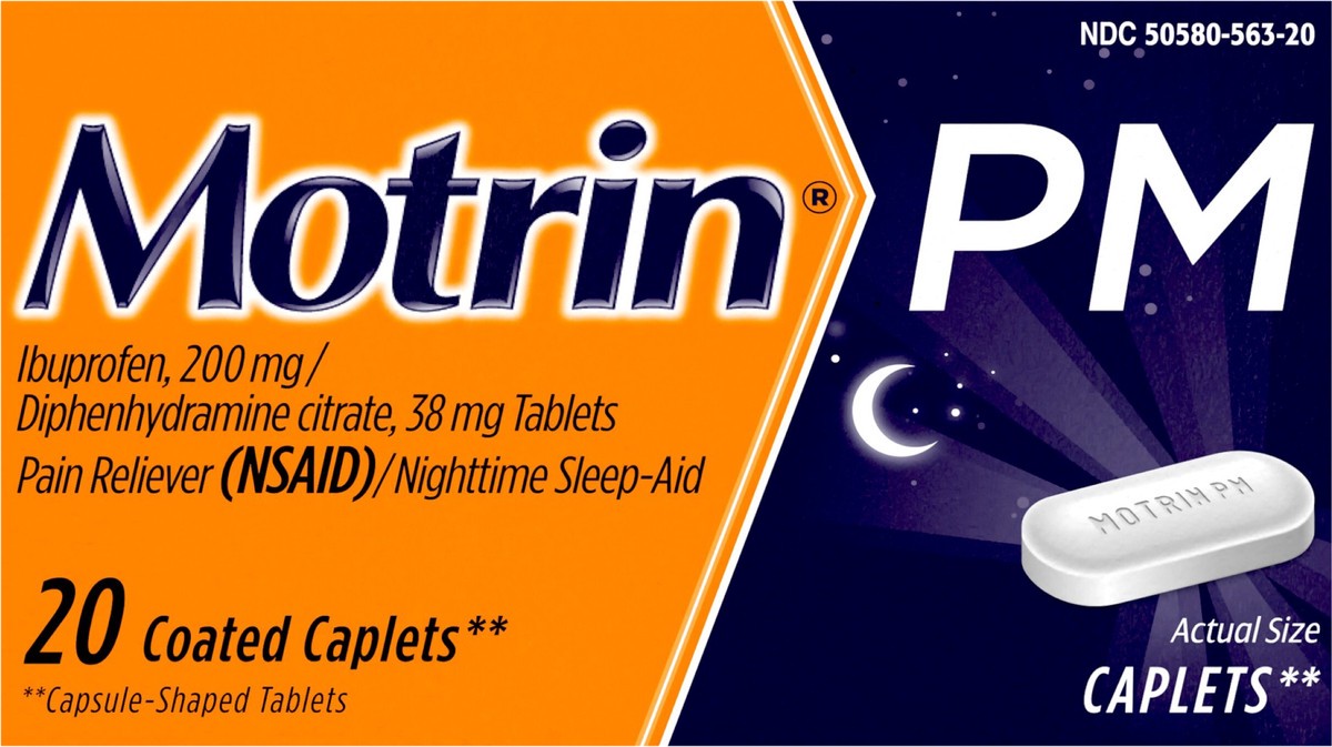 slide 5 of 8, Motrin PM Pain Relief Caplets with 200 mg Ibuprofen & 38 mg Diphenhydramine Sleep Aid, Nighttime Pain Reliever for Minor Aches & Pains Helps You Fall Asleep & Stay Asleep, 20 ct, 20 ct