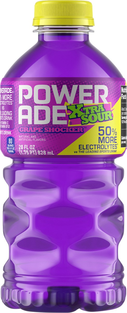 slide 12 of 12, Powerade Xtra Sour Grape Shocker Bottle, 28 fl oz, 28 fl oz