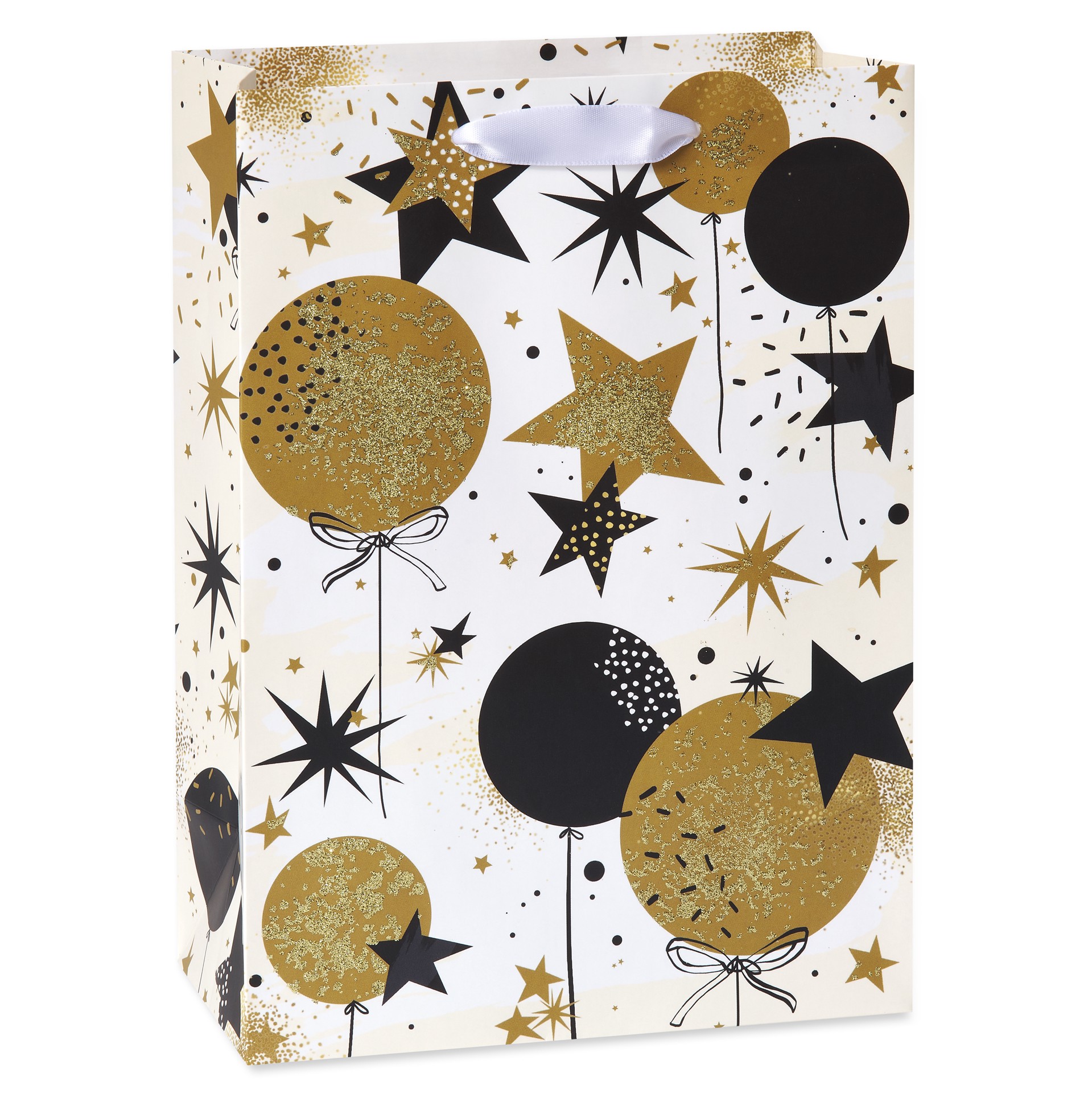 slide 1 of 13, American Greetings Celebrate someone special on any happy occasion with this shimmering gift bag! This medium gift bag features a contemporary design of balloons and stars in black and gold on a white background. The design is enhanced with light gold glitter. Perfect for gift-giving on birthday, kid''s birthday, congrats, new home, new job, promotion, retirement party, and more. Medium gift bags are perfect for wrapping special gifts like clothing, home decor items, toys, stuffed animals, electronics, and other hard-to-wrap presents. Top off the gift bag with coordinating tissue paper (sold separately) to complete your perfect package!, 1 ct