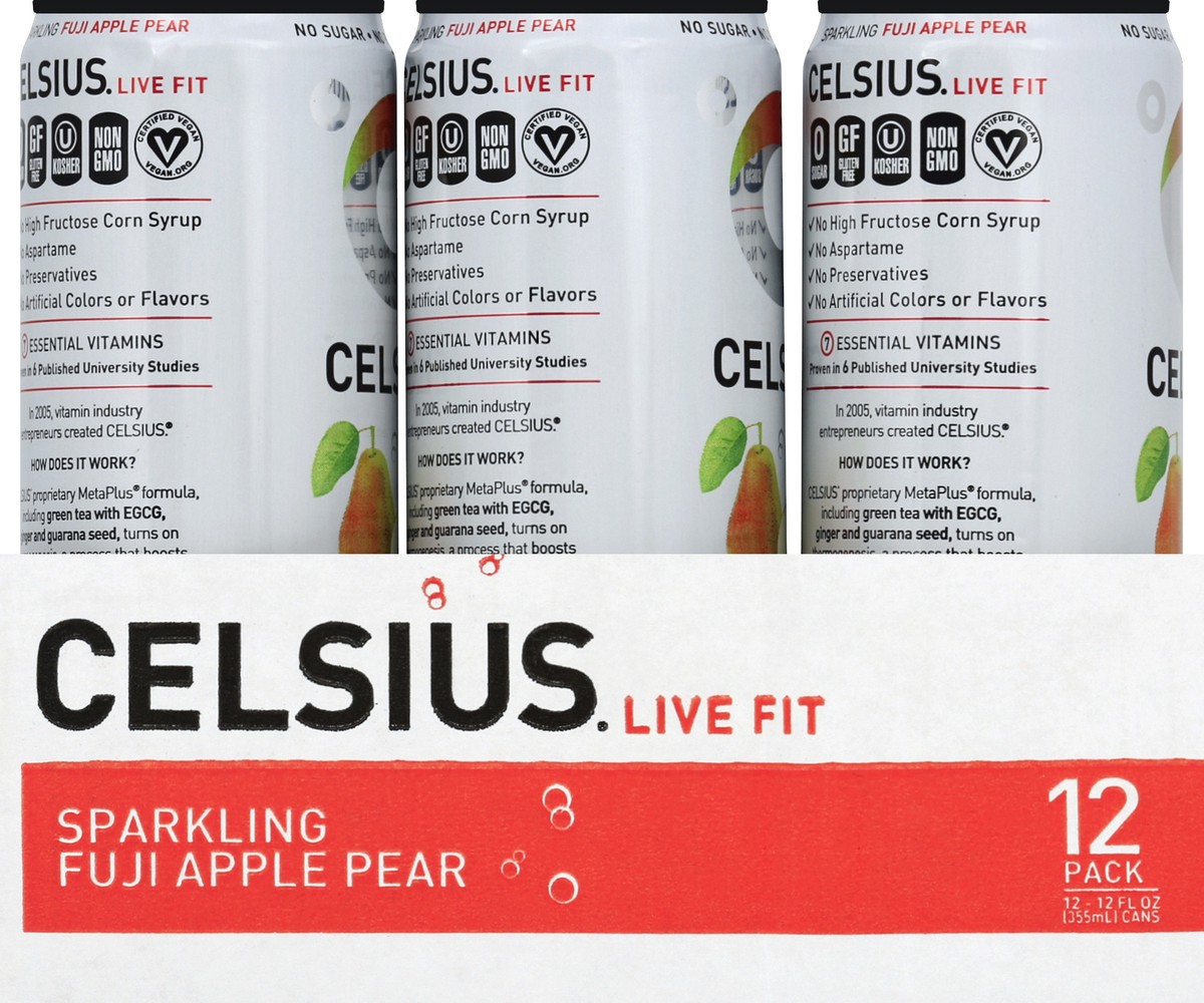 slide 2 of 6, CELSIUS Sparkling Fuji Apple Pear, Functional Essential Energy Drink 12 Fl Oz (Pack of 12), 12 ct