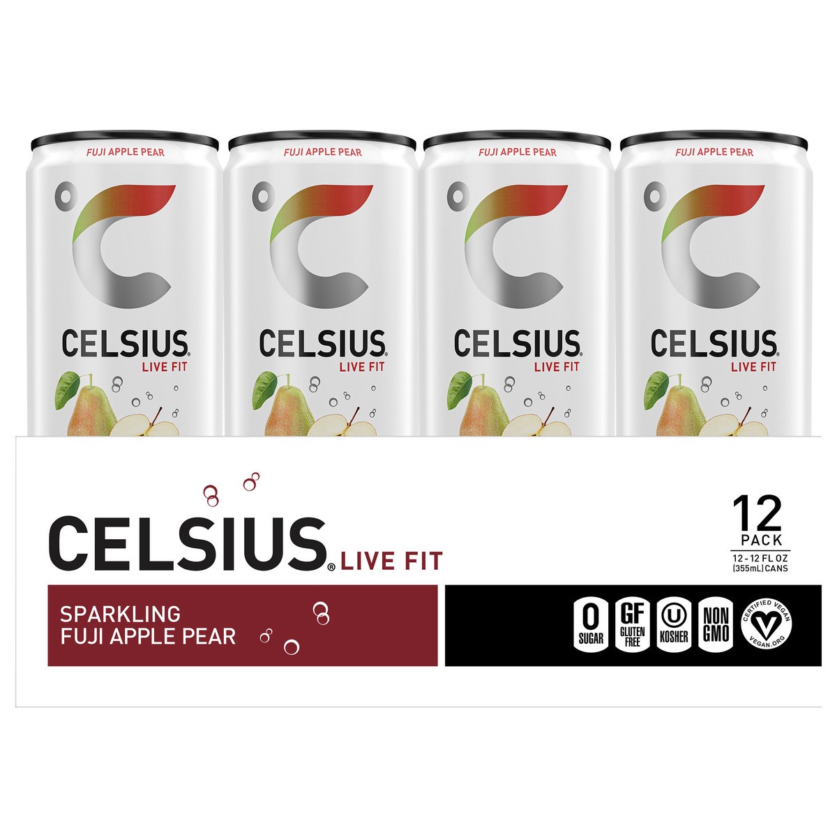 slide 1 of 6, CELSIUS Sparkling Fuji Apple Pear, Functional Essential Energy Drink 12 Fl Oz (Pack of 12), 12 ct