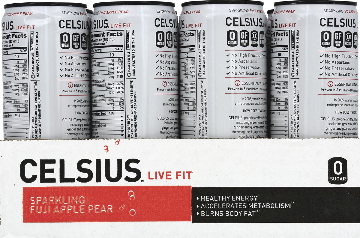 slide 5 of 6, CELSIUS Sparkling Fuji Apple Pear, Functional Essential Energy Drink 12 Fl Oz (Pack of 12), 12 ct